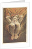 A naked man crouched in flames, with his hands behind his head by William Blake
