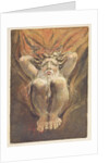 A naked man crouched in flames, with his hands behind his head by William Blake