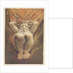 A naked man crouched in flames, with his hands behind his head by William Blake