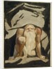 A naked man with a long beard kneeling with one knee raised and both hands on the ground by William Blake