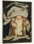 A naked man with a long beard kneeling with one knee raised and both hands on the ground by William Blake