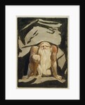 A naked man with a long beard kneeling with one knee raised and both hands on the ground by William Blake