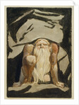 A naked man with a long beard kneeling with one knee raised and both hands on the ground by William Blake