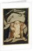 A naked man with a long beard kneeling with one knee raised and both hands on the ground by William Blake