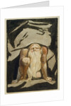 A naked man with a long beard kneeling with one knee raised and both hands on the ground by William Blake
