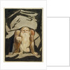 A naked man with a long beard kneeling with one knee raised and both hands on the ground by William Blake