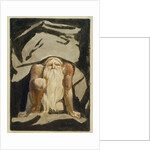 A naked man with a long beard kneeling with one knee raised and both hands on the ground by William Blake