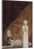 A boy in a long dress, standing with clasped hands next to a dog by William Blake