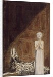 A boy in a long dress, standing with clasped hands next to a dog by William Blake