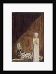 A boy in a long dress, standing with clasped hands next to a dog by William Blake