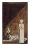 A boy in a long dress, standing with clasped hands next to a dog by William Blake