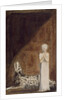 A boy in a long dress, standing with clasped hands next to a dog by William Blake