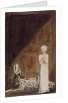 A boy in a long dress, standing with clasped hands next to a dog by William Blake