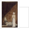 A boy in a long dress, standing with clasped hands next to a dog by William Blake