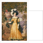 Lady Rowe, standing small full length on a terrace, a moonlit Jamaican landscape beyond by Isaac Mendes Belisario