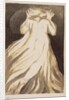 A white haired man in a long, pale robe who flees from us with his hands raised by William Blake