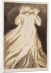A white haired man in a long, pale robe who flees from us with his hands raised by William Blake