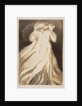 A white haired man in a long, pale robe who flees from us with his hands raised by William Blake
