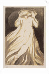 A white haired man in a long, pale robe who flees from us with his hands raised by William Blake