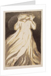 A white haired man in a long, pale robe who flees from us with his hands raised by William Blake