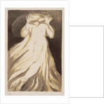 A white haired man in a long, pale robe who flees from us with his hands raised by William Blake