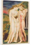 A nude woman looking down at a half-grown boy by William Blake