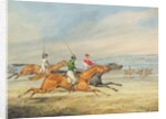 Steeplechasing: Three Riders galloping to right, mounted spectators in background by Henry Thomas Alken