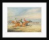 Steeplechasing: Three Riders galloping to right, mounted spectators in background by Henry Thomas Alken