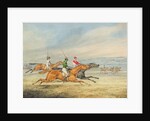 Steeplechasing: Three Riders galloping to right, mounted spectators in background by Henry Thomas Alken