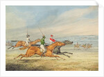 Steeplechasing: Three Riders galloping to right, mounted spectators in background by Henry Thomas Alken