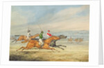 Steeplechasing: Three Riders galloping to right, mounted spectators in background by Henry Thomas Alken