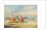 Steeplechasing: Three Riders galloping to right, mounted spectators in background by Henry Thomas Alken