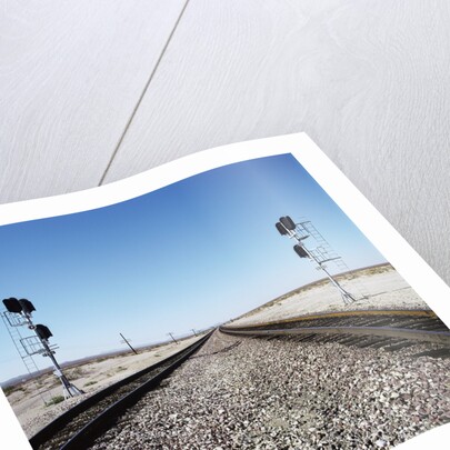 Railroad tracks running through desert setting by Anonymous