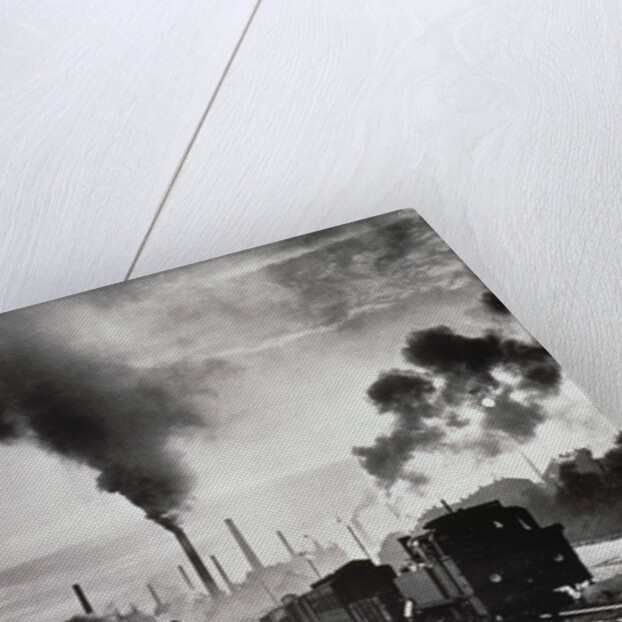 Freight train in front of smoking chimney stacks, nostalgia by Anonymous