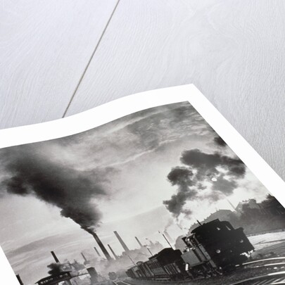 Freight train in front of smoking chimney stacks, nostalgia by Anonymous