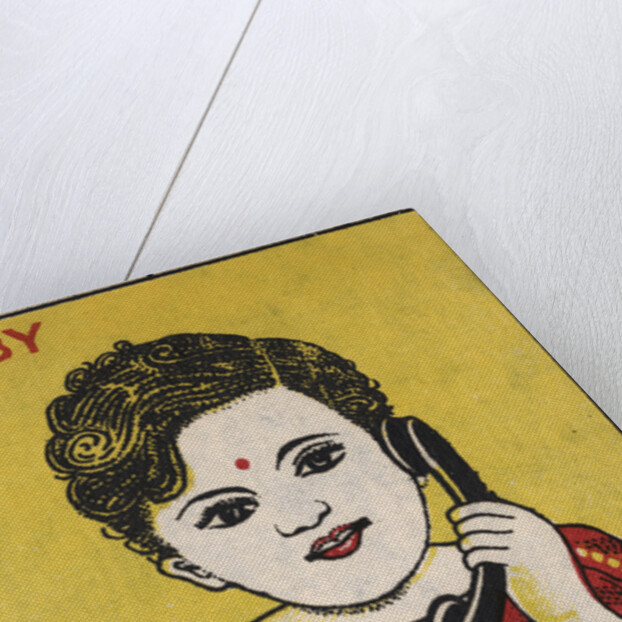 Indian Matchbox Label with a Girl Holding a Telephone by Anonymous