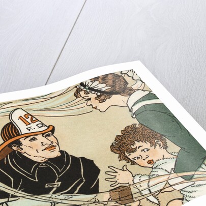 Illustration of a Fireman Rescuing a Woman and Child by Marie Schubert