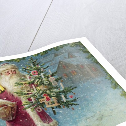 Postcard with Santa Claus Holding a Christmas Tree by Anonymous