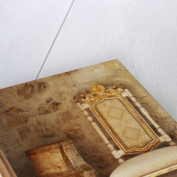 A pot is kept beside a chair against the wall in the house by Anonymous