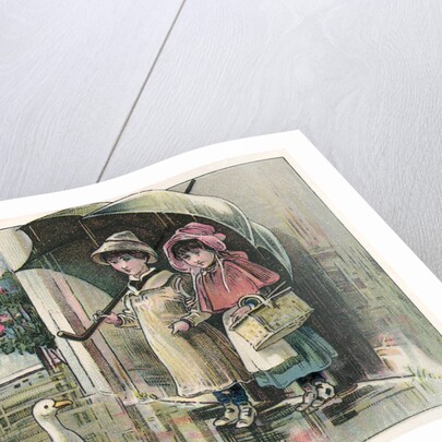 Victorian Postcard of Children Watching Ducks in the Rain by Anonymous