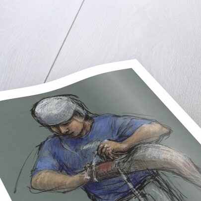 Illustration of a Jai Alai Player Putting on a Cesta by Alexandra Day