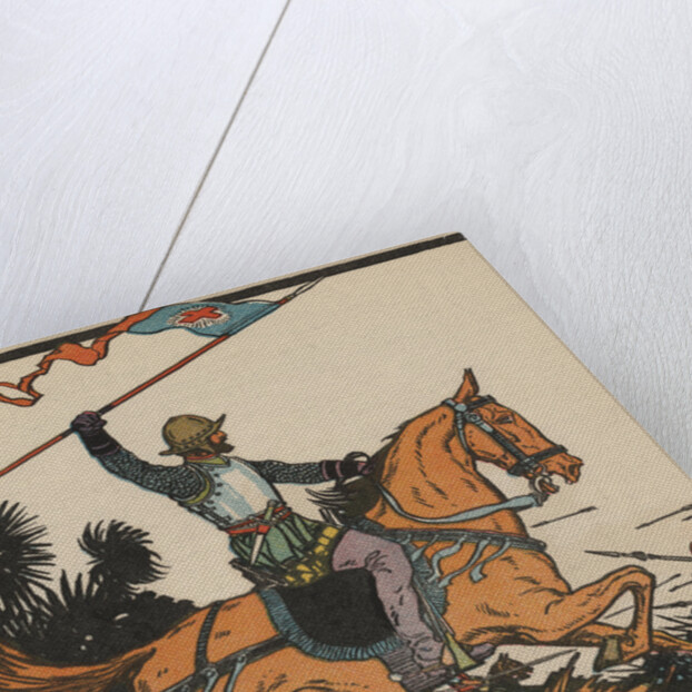 Illustration of Hernando Cortez in Battle by J.L. Kraemer