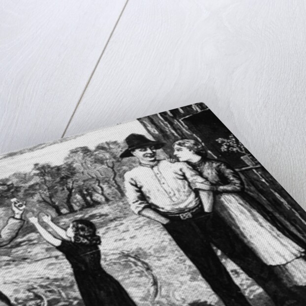 A bush hawker selling an item to a child by Anonymous