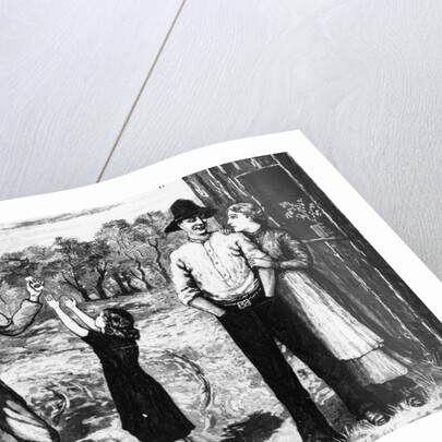 A bush hawker selling an item to a child by Anonymous