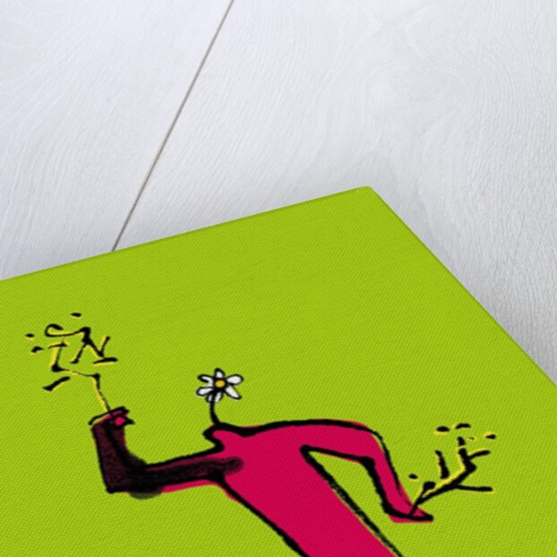 Daisy headed figure walking a dog by Anonymous