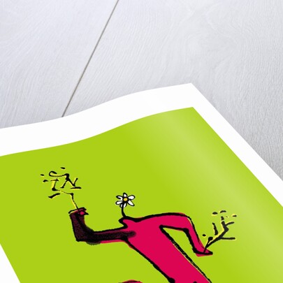 Daisy headed figure walking a dog by Anonymous