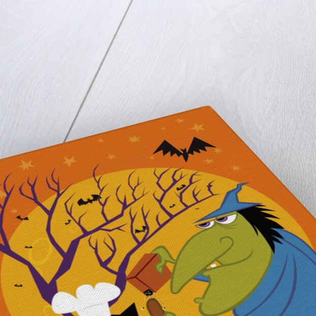 Black cat and old witch brewing a devious concoction by Anonymous