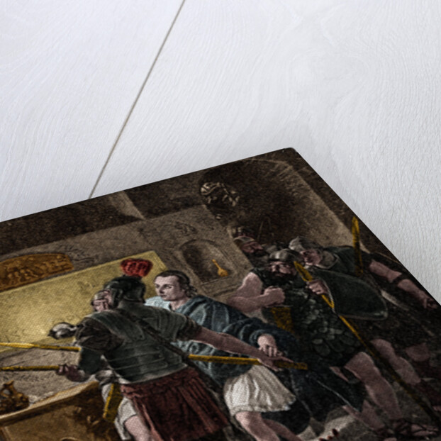 Illustration of Roman Soldiers Discovering a Christian Worshipper in Catacombs by Anonymous