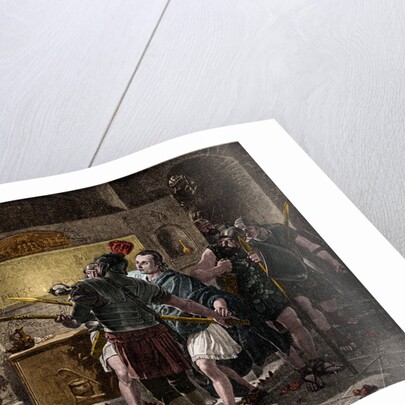 Illustration of Roman Soldiers Discovering a Christian Worshipper in Catacombs by Anonymous