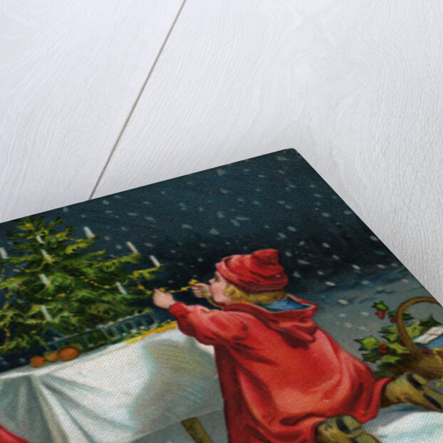 A Merry Christmas Postcard with Children Decorating Christmas Tree by Anonymous